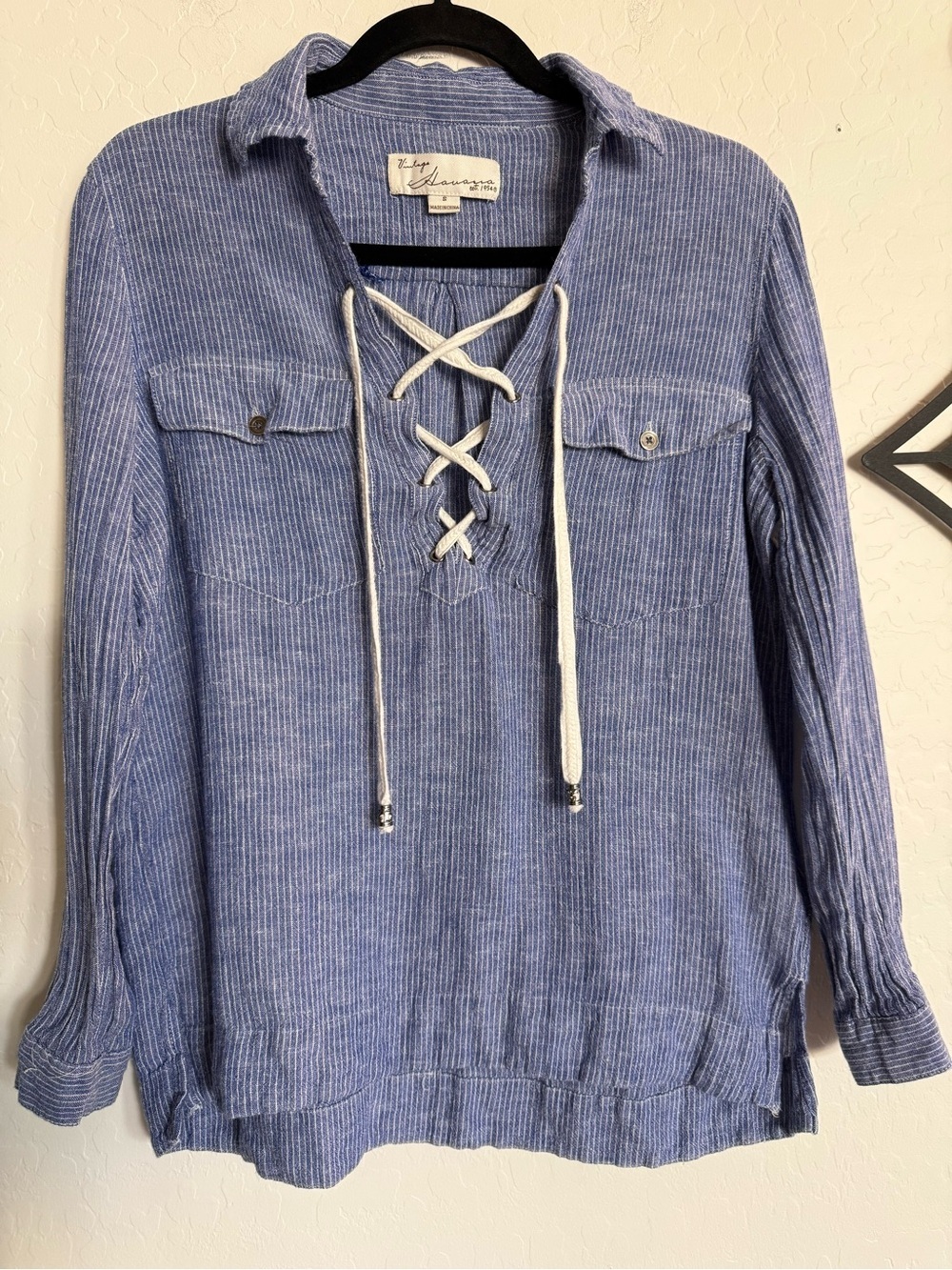 VINTAGE HAVANA Blue/White Linen Blend Lace-Up Tunic/Beach Coverup - Small